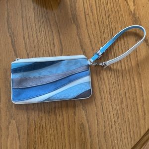 Coach Blue, silver and white stripe wristlet